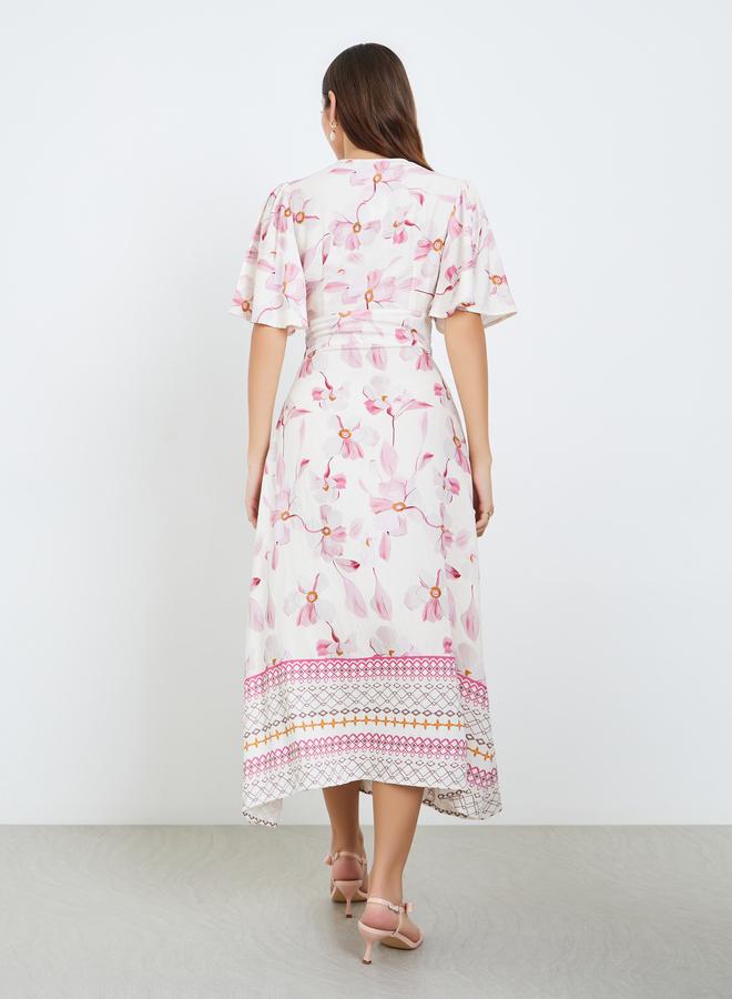Styli Women Pink Floral Short Sleeves A-Line Maxi Dress - Image 4